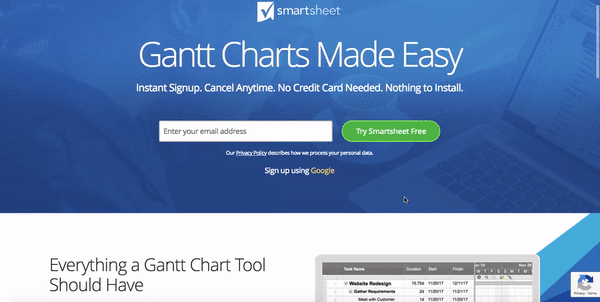 Smartshet Gantt Chart Landing Page