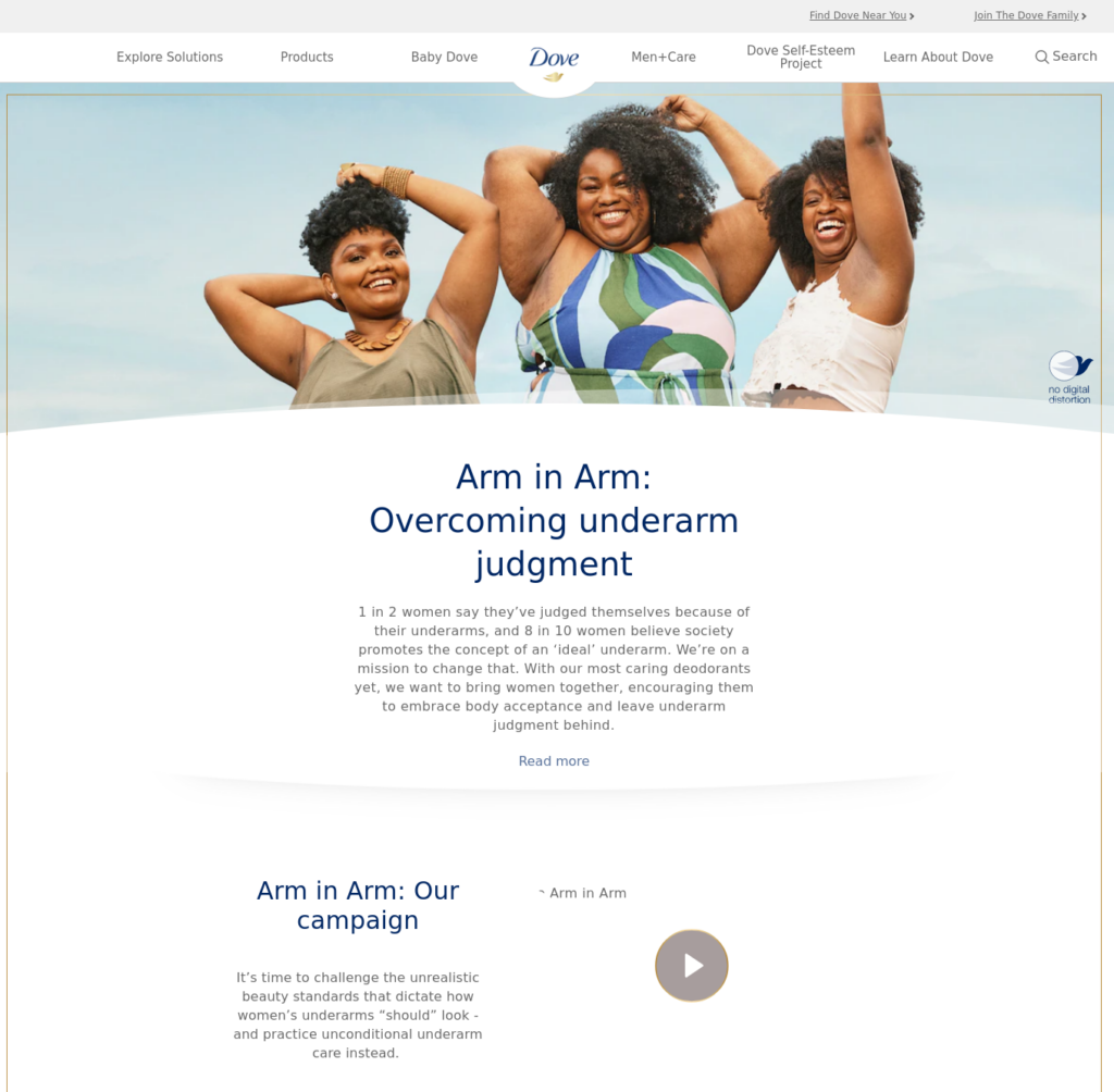 A screenshot of Dove's 'Arm in Arm' campaign that aims to end underarm judgement. Sourced from Adbeat.